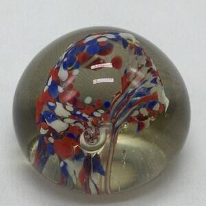 Handmade Art Glass Confetti paperweight red white and blue
